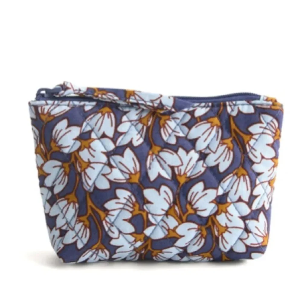 Vera Bradley Essential Zip Top Pouch Navy Blue Tan Paw Paw Flower Cotton Floral